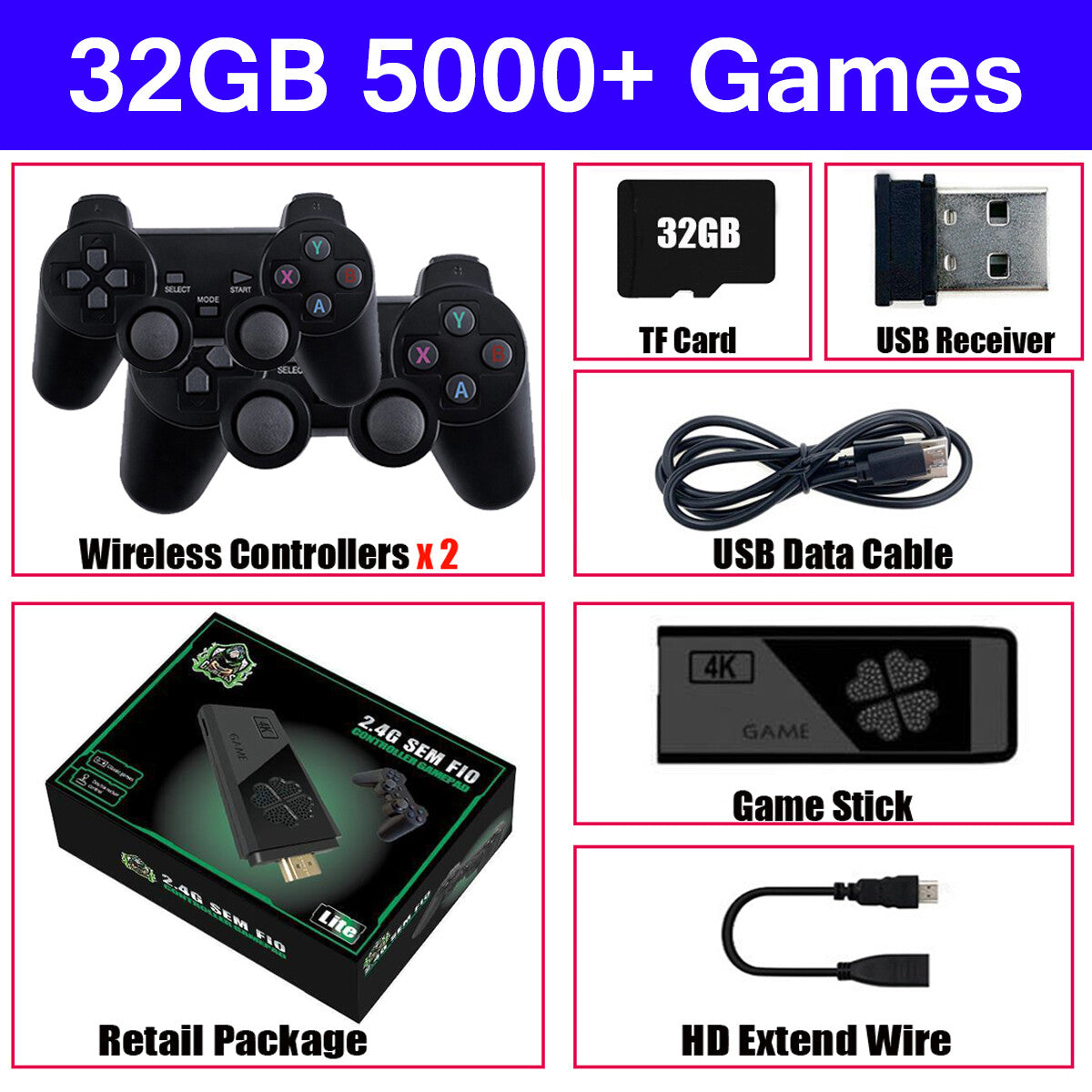 4K Retro Game Console Plug&Play Video Game Stick Dual 2.4G Wireless Controllers