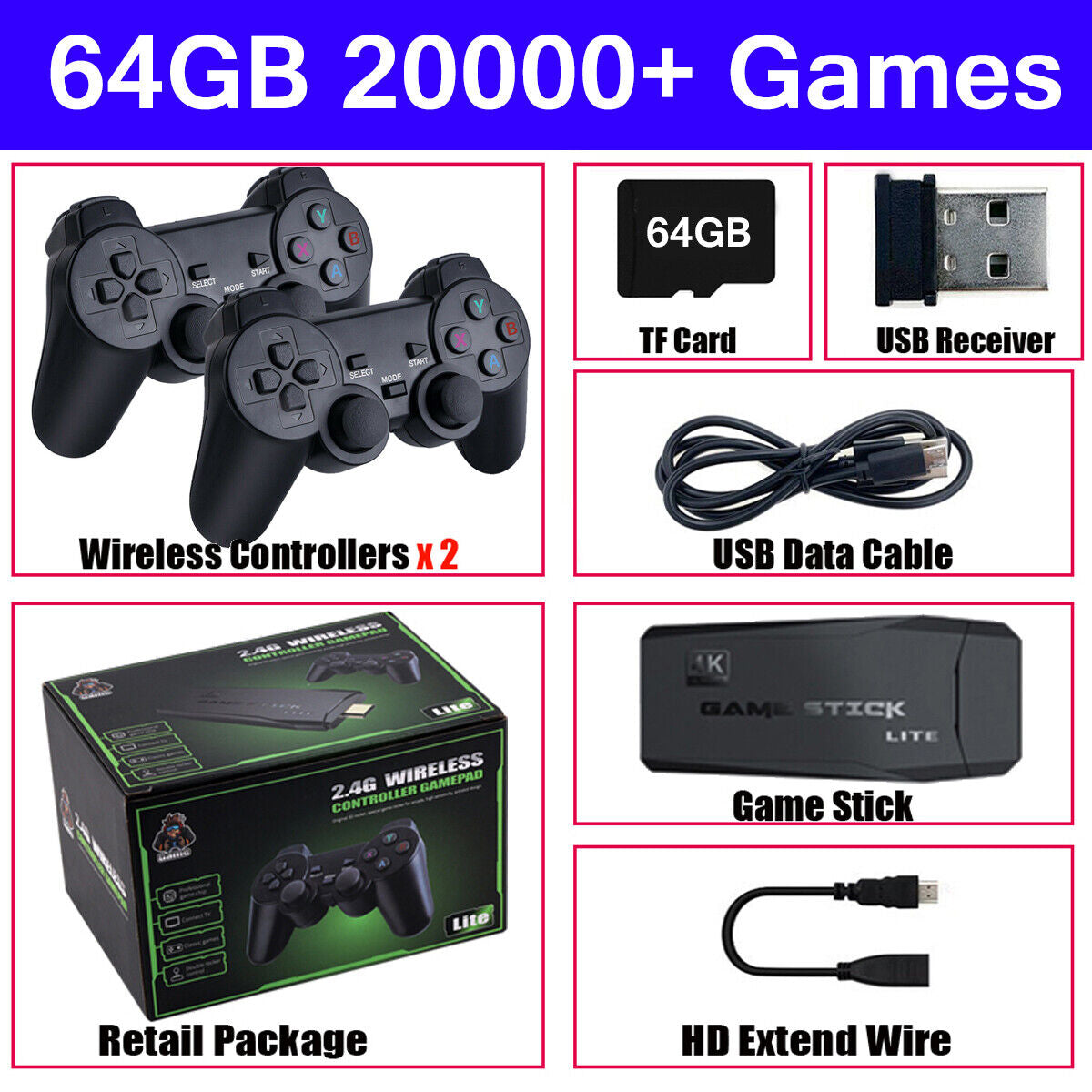 4K Retro Game Console Plug&Play Video Game Stick Dual 2.4G Wireless Controllers