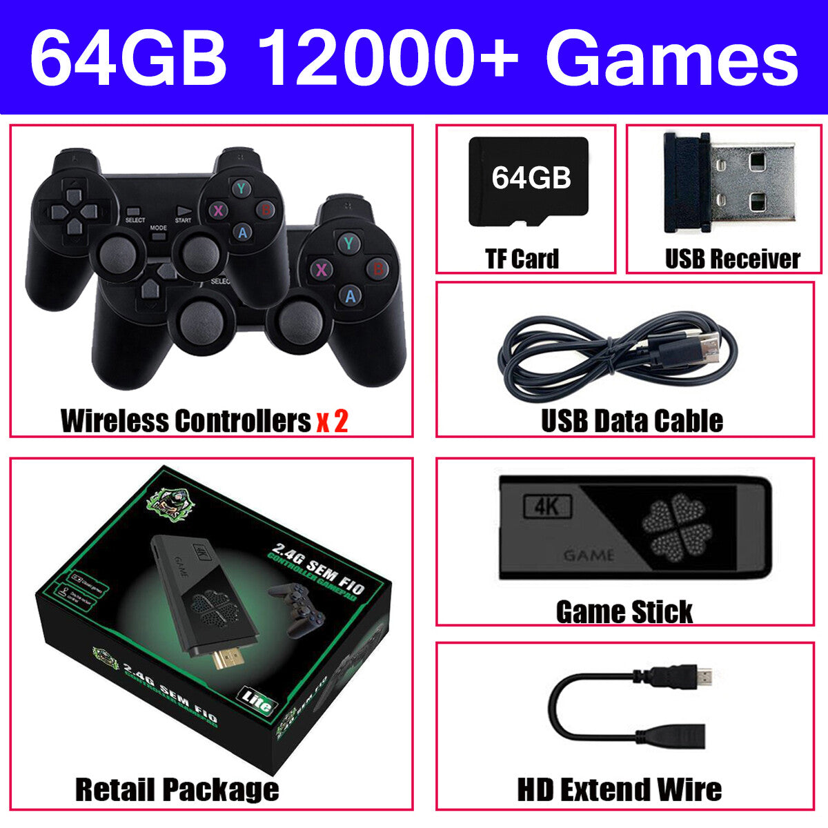 4K Retro Game Console Plug&Play Video Game Stick Dual 2.4G Wireless Controllers